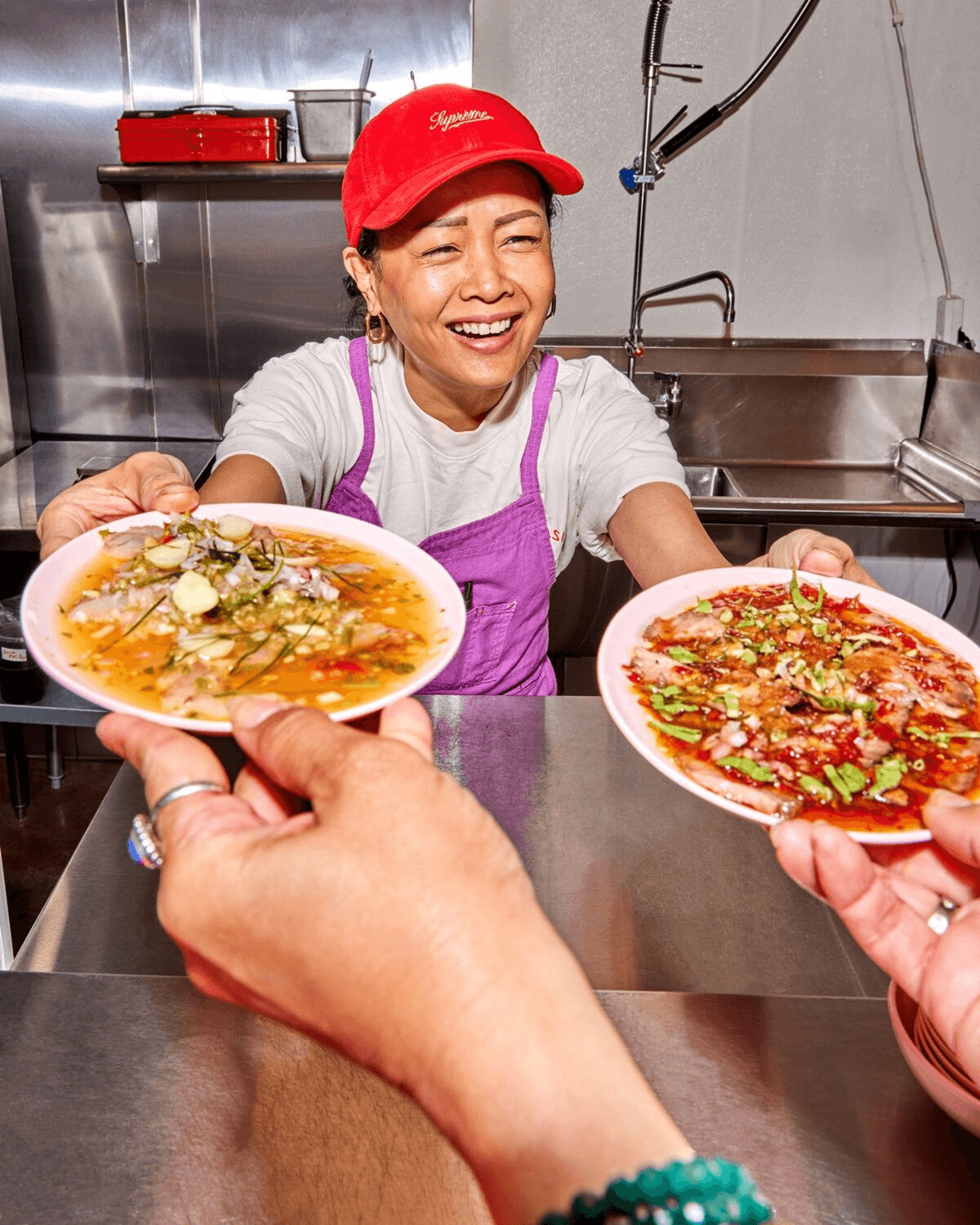 Team member serving food